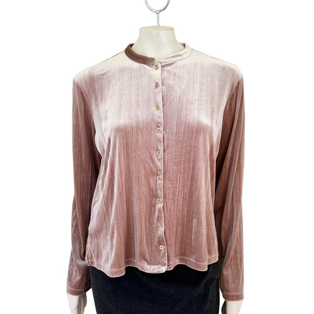 J.JILL Button Front Liquid Velvet Mandarin Collar Top in Honey Wheat SZ L